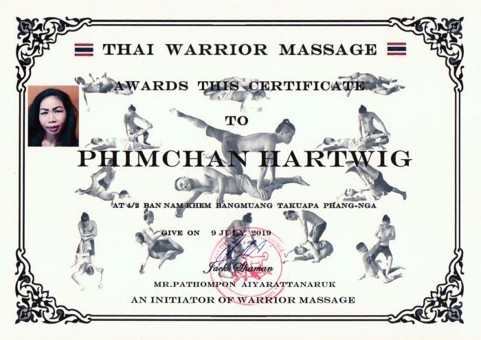 Zertifikat Thai-Warrior-Massage für Phimchan Hartwig, Juli 2019